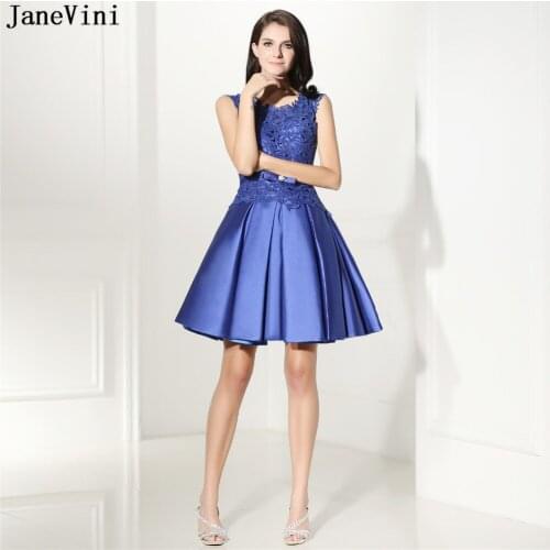 JaneVini Elegant A Line Short Bridesmaid Dresses Scoop Neck Appliques Beaded Sheer Back Satin Mini Formal Party Gowns Plus Size