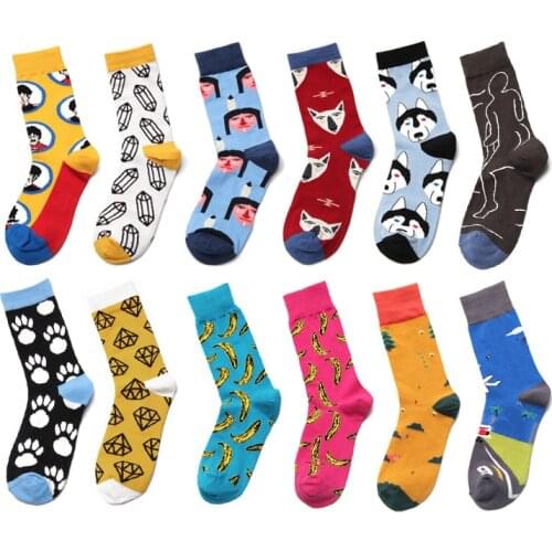 Harajuku Men Socks Combed Cotton Cute Crazy Happy Cartoon Sokken Pink Sweet Funny Novelty Kawaii Dog Banana Happy Socks
