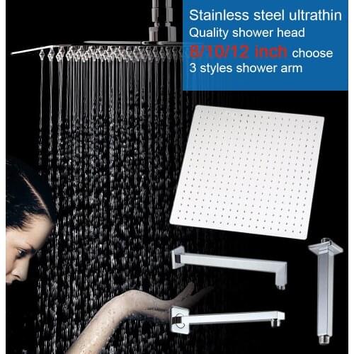 Quality stainless steel square rainfall shower head mirror polish ultrathin water saving 8 10 12 inch shower head holder arm