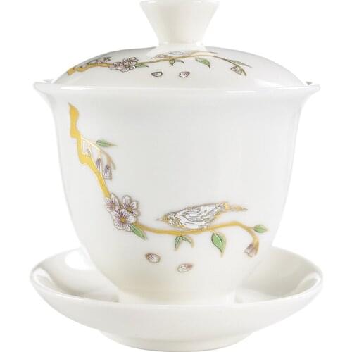 Traditions Bird Tea Tureen Ceramics Handmade Painting Little Bird Ceramic Pattern Gaiwan Teaware Tea Bowl