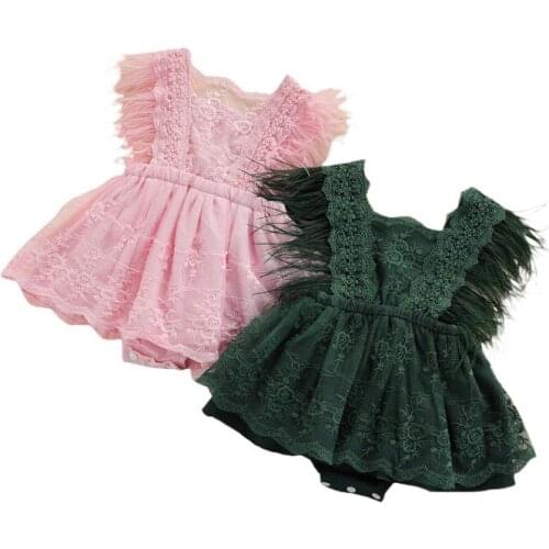 Toddler Baby Girls Romper Mesh Dress Princess Feather Fly Sleeve Lace Flouncing Hem Floral Embroidery Layered Dress