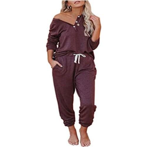 Spring And Autumn New Womens V-Neck Two Piece Set Solid Color Pocket Leisure Long Sleeve Lace Up Button Home Suit