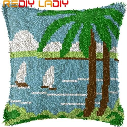 Latch Hook Cushion Coast Sailaboat Scenery Pillow Case Printed Color Canvas Acrylic Yarn Latched Pillow Crochet Cushion Cover
