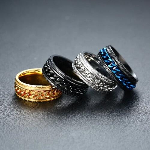 Stylish Men Blue Spinner Chain Rings 8MM Stainless Steel Tire Texture Rotatable Link Punk Male Anxiety Release Jewelry