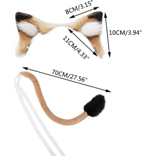 3XUA Long Fur Animal Lion Ears Headdress Tail Set Plush Lolita Headwear Anime for Halloween Christmas Cosplay Accessories