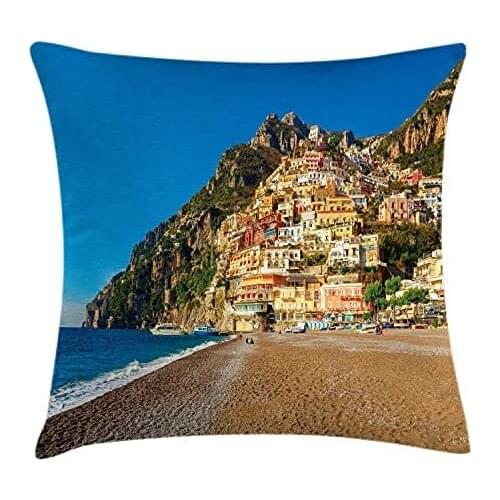 Pooizsdzzz Amalfi Coa Throw Pillow Cushion Cover, South Italy Sandy Beach and Mediterranean Sea with Colorful Vilge, Decorative