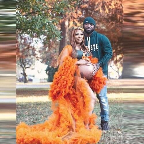 Orange Puffy Tulle Dresses Long Sleeves Sheer See Through Women Tulle Maternity Dress Plus Size For Photography Tulle Robes