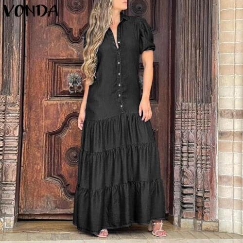 VONDA Women Dress 2021 Summer Short Sleeve Turn-down Collar Plain Denim Shirt Dresses Loose Maxi Dress Oversized Vestidos