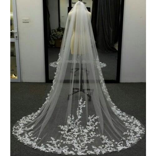 Stunning Cathedral Wedding Veil with Lace Floral Appliques Bridal Veil Vestido De Noiva Longo Custom Made
