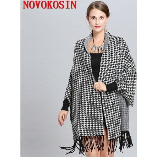 SC320 2019 Outside Street Wear Winter Houndstooth Knitted Cardigan Women New Designer Female Long Sleeves Cape Vintage Shawl