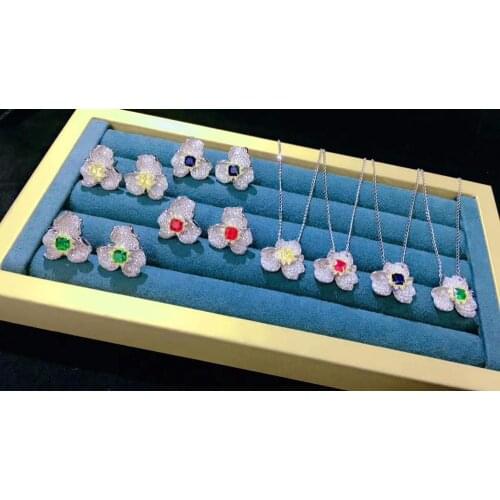 Jewelry set 925 sterling silver with cubic zircon flower stud earring and pendant cute romantic fine women jewelry