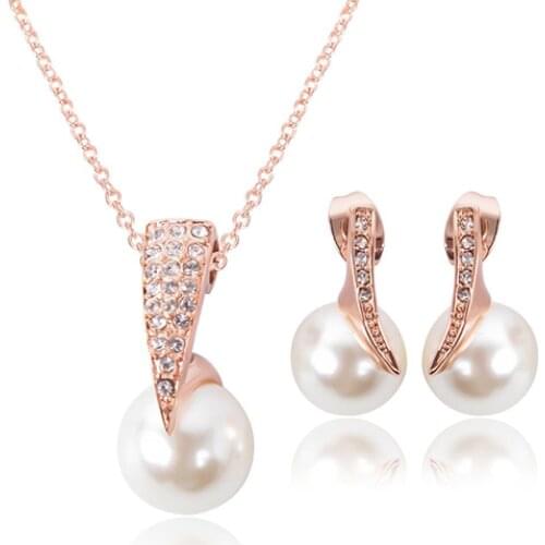 Wedding Jewelry Set Bride Rose Gold Crystal Faux Pearl Pendant Necklace Earrings