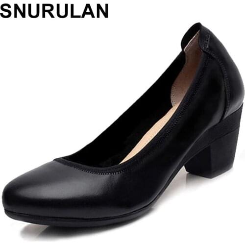 SNURULANCow leather chunky high heels solid shallow round toe OL pumps comfy brief dress woman shoes work ladies big size 34-43