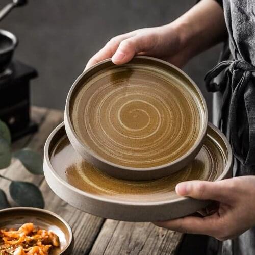 Japanese Style Ceramic Round Steak Plate Rice Bowl Retro Tableware Dessert Cake Tray Coffee Tea Cup Sushi Dishes Dinnerware