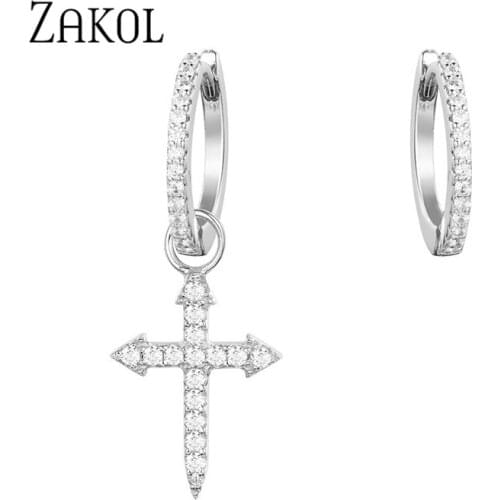 ZAKOL Fashion Cubic Zircon Cross Pendant Earrings Crystal Asymmetry Wedding Cherry Earrings for Women Man Kpop Jewelry 2021