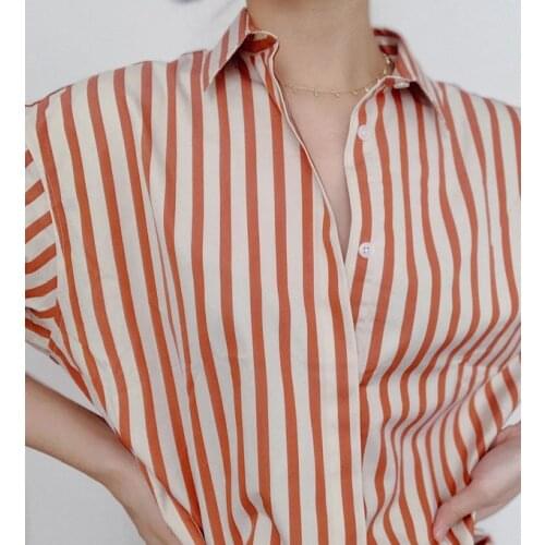 Elfstyle Women 100% Cotton Contour Contrast Striped/Solid White Long Sleeve Lapel Blouse Shirt