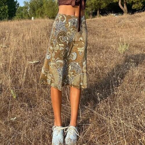 Spring Women Vintage Cloth Patchwork Floral Print Knee-Length Faldas Mujer Female High Waist Holiday Beach Skirts Vestidos