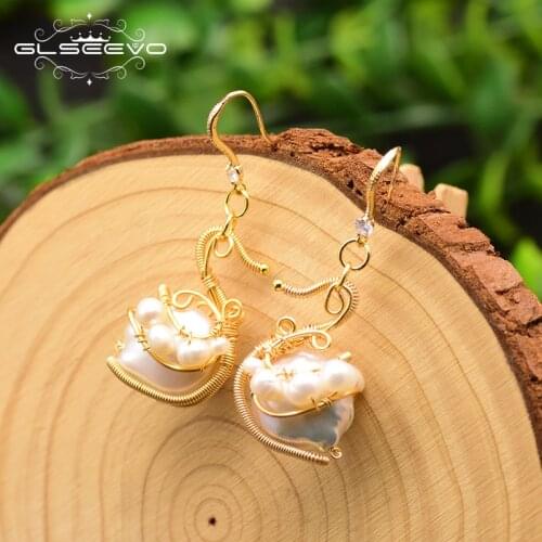 GLSEEVO Handmade Swan Dangle Animal Earrings For Women Fresh Water Pearl Earrings For Women Wedding Fine Jewelry Brincos GE0805