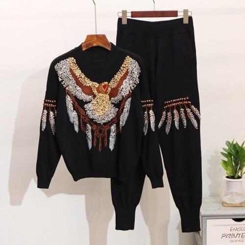 Spring Autumn Fashion Knitted Sweater Two Piece Set Women Streetwear Eagle Beading Tops + Casual Pants 2 pc set for Women G377