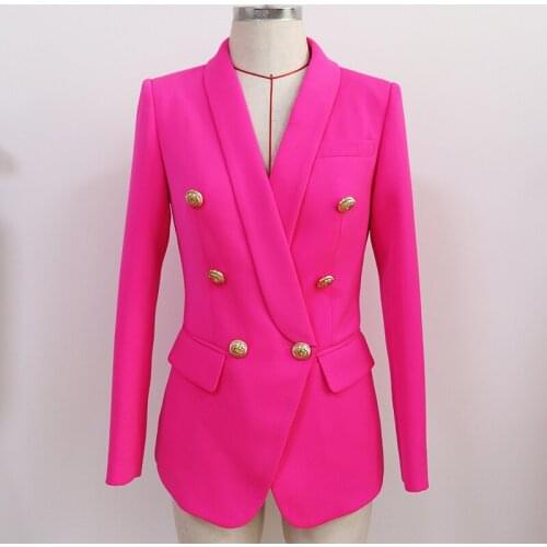 2021 HIGH QUALITY Designer Classic Blazer Jacket Womens Slim Double Breasted Metal Lion Buttons Shawl Collar Blazer Hot Pink