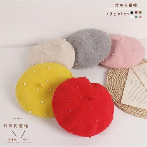 Kids Baby Girls Pearls Beanies Hats Winter Warm Princess Wool Beret Caps 2-6Y