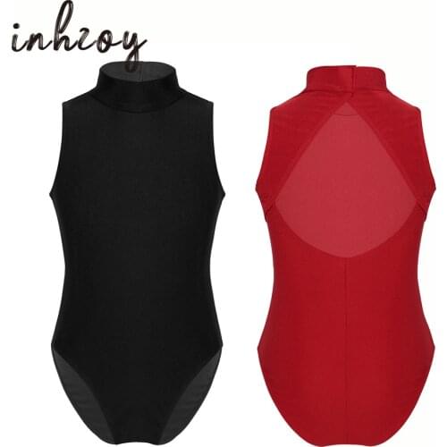 Kids Girls One Piece Classic Ballet Dance Leotard Sleeveless Mock Neck Shiny Gymnastic Bodysuit