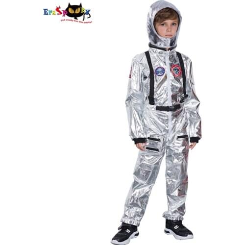 Eraspooky 3-14Years Silver Astronaut Cosplay Spaceman Jumpsuit Helmet Children Carnival Halloween Costume For Kids Pilot Uniform