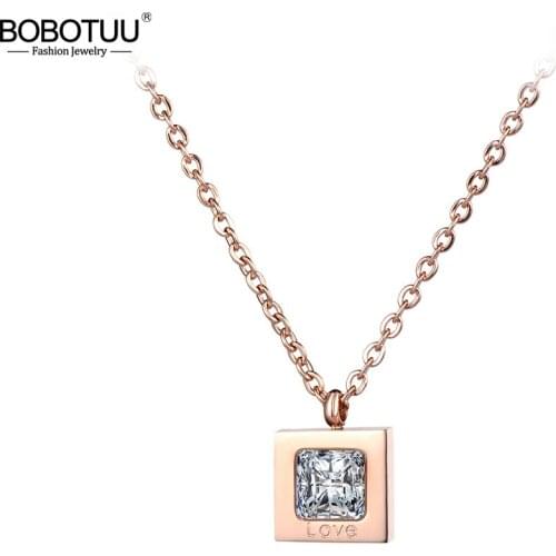 BOBOTUU Fashion Necklace Rose Gold Color Collarbone Necklace Chain CZ Square Pendant For Women Stainless Steel Jewelry BN18242