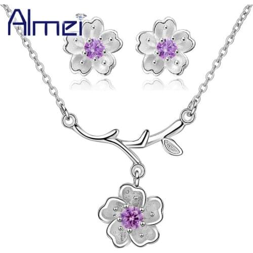 Almei Cherry Blossoms Sakura Flower Jewelry Sets Silver Color Wedding Jewelry Set Women Earrings and Necklace Set 10% Off DT340