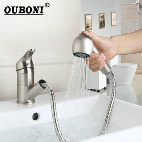OUBONI Nickel Brushed Kitchen faucet Pull Out Deck Mount Mixer Cold and Hot Kitchen Tap Single Hole Water Tap