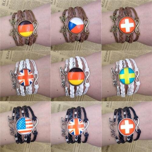 National Flag US UK Brown/black/white Multilayer Retro Antique Leather Bracelet Punk Time Gem Female Party Gift AT067-084