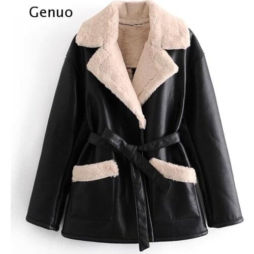 Fashion Winter Black Jacket Women Long Sleeve Lamb Fur And Faux Leather Coat Female Bandage Elegant Coat Outerwear