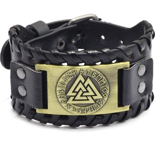 Toten Design Nordic Viking Odin Bracelet Men Handmade Weave Wide Leather Wristband Adjustable Bangle Punk Jewelry