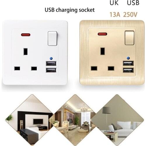 Best Dual 2.1A USB Ports Wall Charger 13A UK Standard Electrical Plug Socket Outlet Panel USB Power Charge for Phone 110~250V