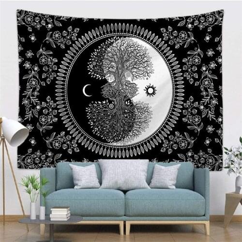 Sun Moon Wall Hanging Tapestry Yin Yang Art Tree Life Bohemian Hippie Black White Decor Blanket For Living Room Bedroom Dorm