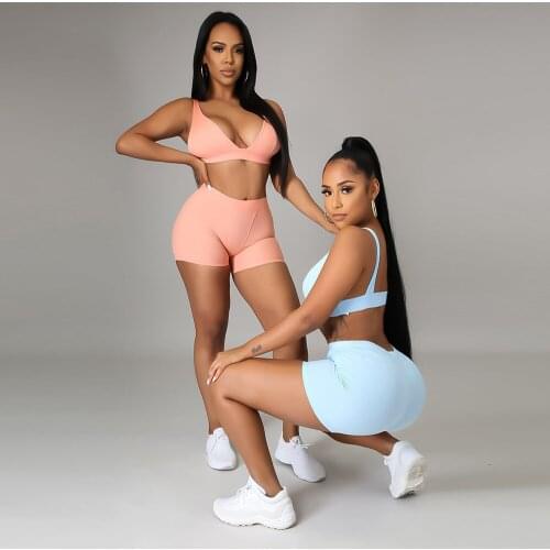 2021 Summer New Small Pit Strip Womens Solid Color Vest Suspender Top with Casual Shorts Sports Wind Two-Piece Yoga Suit