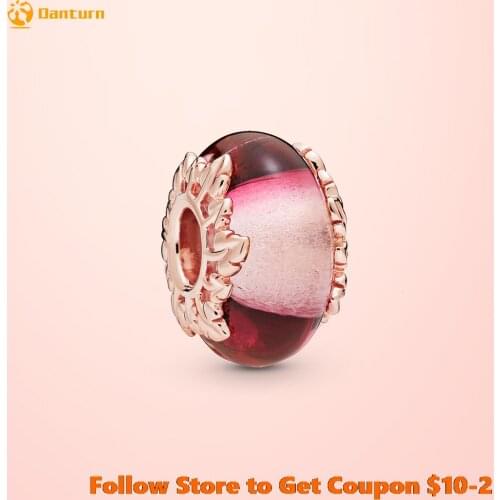2020 New 925 Sterling Silver Beads Pink Murano Glass & Leaves Charms fit Original Pandora Bracelets Women DIY Jewelry