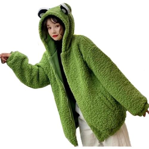 2020 Autumn Winter Frog Eyes Hooded Sweatshirt Zip-up Plush Fleece Oversized Hoodies Women Thicken Keep Warm Kawaii Outwear Top