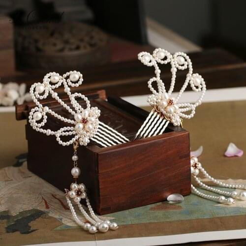 PEORCHID Traditional Hanfu Pearls Hair Combs Ancient chinese headpiece For Women Crown Hairpins Wedding Hair Accessories