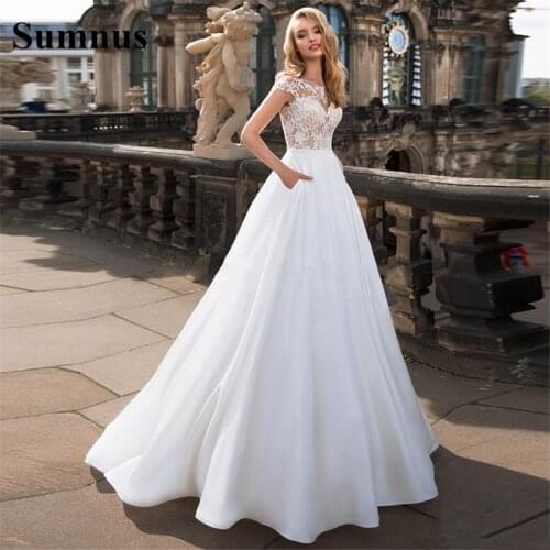 Sumnus Boho Wedding Dresses Simple Satin Appliques Lace A-Line Pocket Bridal Gowns Modest Custom Floor Length Robe De Mariee