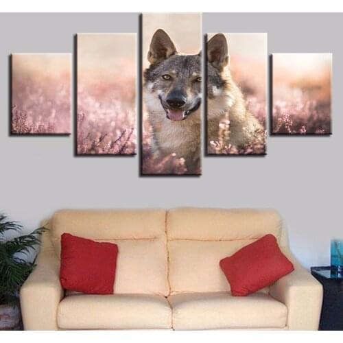 Modern Canvas Living Room Pictures Painting Wall Artwork 5 pcs Alsatian in the flowers HD Printed Modular Poster