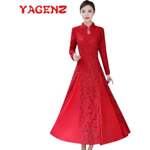 YAGENZ Spring Autumn Dress Women Clothing Fashion Chinese style Lace Dresses Plus size Long-sleeve Dress Floral Print Dress 631