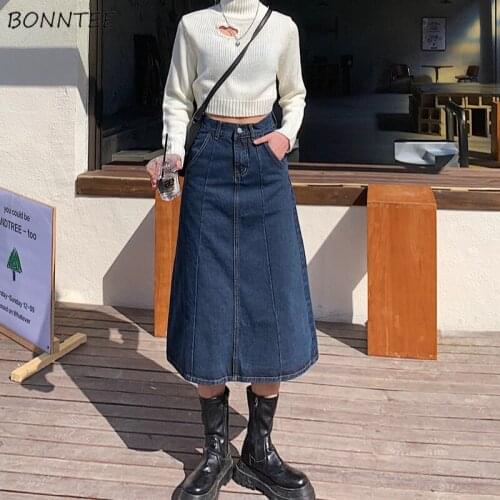 Skirts Women Denim Pockets A-line Mid-calf Vintage Daily Spring Ulzzang Trendy Solid High Quality All-match Students Hot Sale