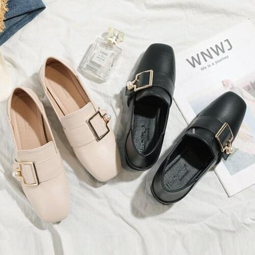 Pearl Metal buckle small leather shoes women plus size 34-43 oxfords moccasins flats woman square toe thick heels loafers 2020