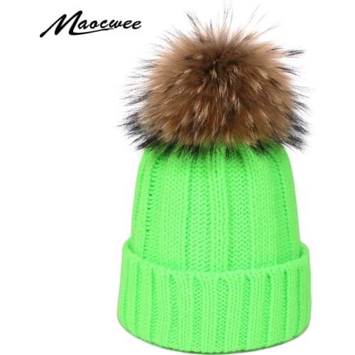 Winter Womens Knit Hat Warm Lady Fluorescent color Skullies Hats With Raccoon Fur Pompom Female Beanie Caps Girl Gorro Ski Hat