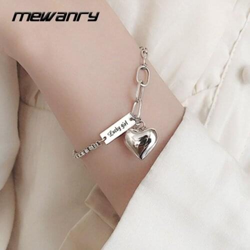 Mewanry 925 Sterling Silver Bracelet for Women Trend Punk Rock Vintage Splicing Chain Love Pendant Party Jewelry Birthday Gifts