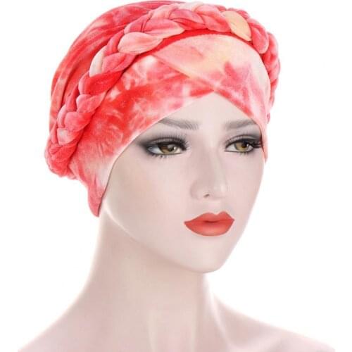 Women Headscarf Fashion Tie-dyed Printed Flannel Braid Stretch Foldable Beanie Cap Headscarf Headwear Daily Wear Hat