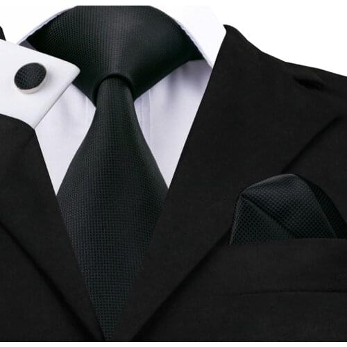 2016 Fashion Black Solid Tie Hanky Cufflinks Silk Jacquard Neckties Ties For Men Formal Business Wedding Party 8.5cm Width C-251