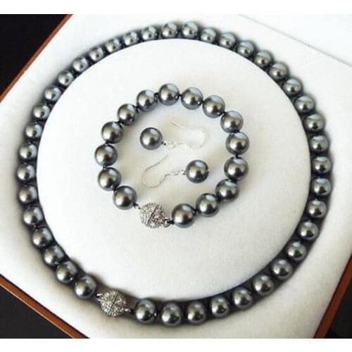 Brand New High Quality Fashion Picture FASHION 10MM DARK GRAY SOUTH SEA SHELL PEARL NECKLACE BRACELET EARRINGS