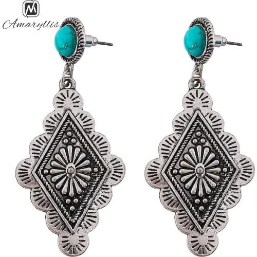 Amaiyllis Vintage Carved Gypsy Chandelier Earrings For Women Ethnic Turquoises Stud Earrings Indian Statement Earrings Brincos